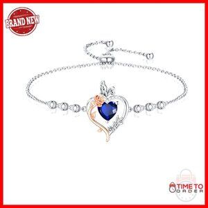 925 Sterling Silver Sapphire Heart Butterfly Bracelet Adjustable 9 Inch